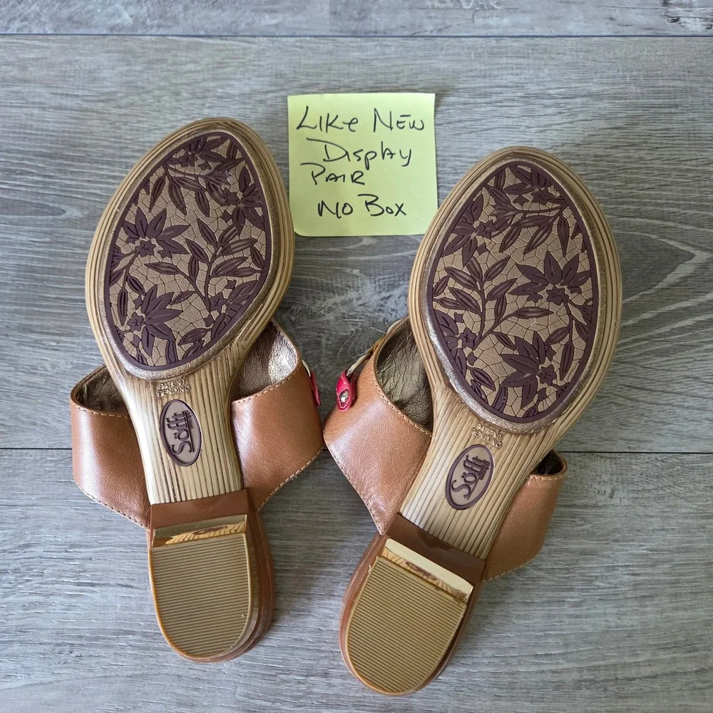 Sofft Womens 8M Tan Leather Woven Slide Thong Sandals Multi Color Rings Studded